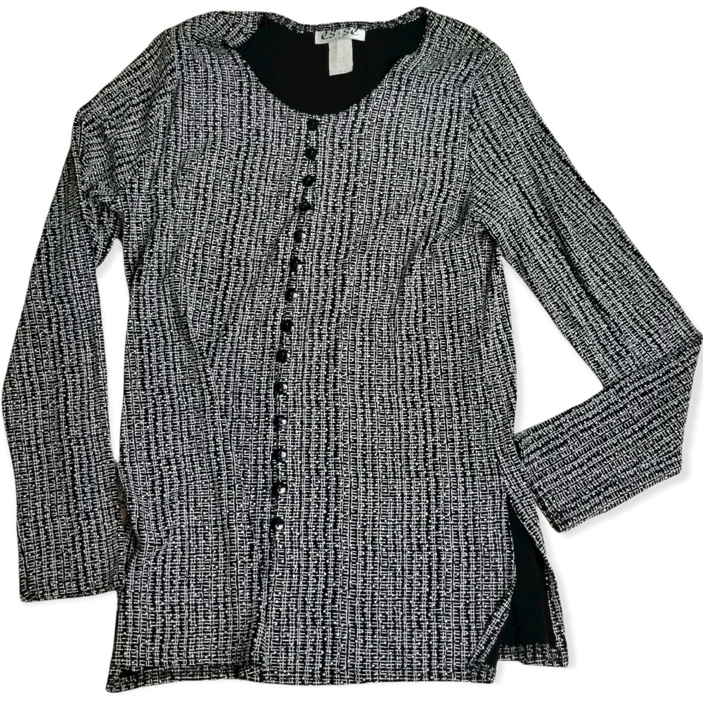 Vintage 90s ESSE Stretchy Career Top  Womens Sz M Long Sleeve Black White Tunic